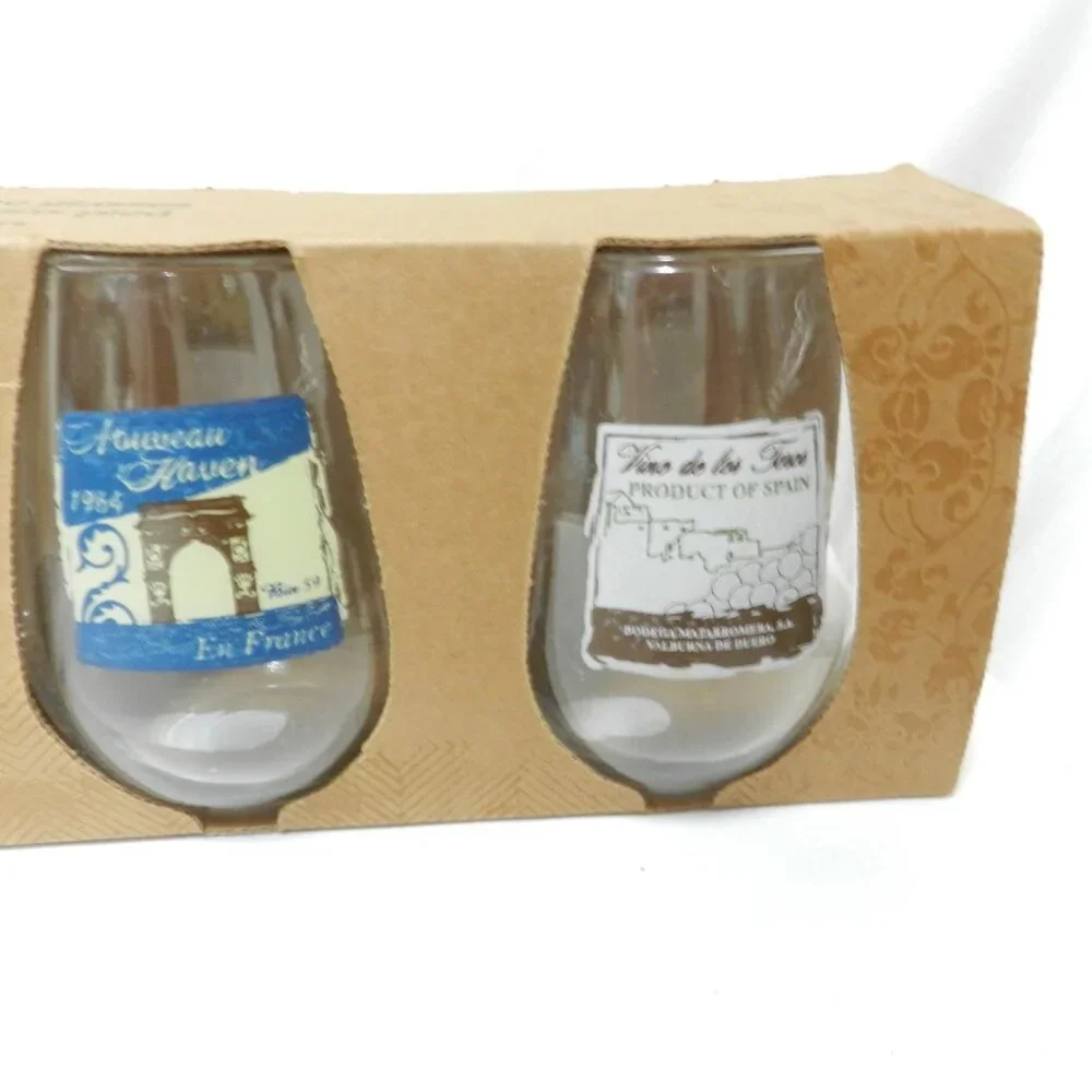 Pier 1 Stemless Wine Glass Napa Spain Italy & France Labels Set of glasses 4 NIB